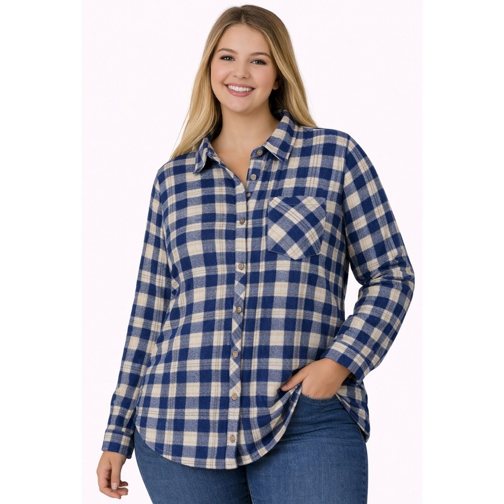 No Comment Juniors Plus 3X Plaid Button Down Long Sleeve Shirt Blue Beige